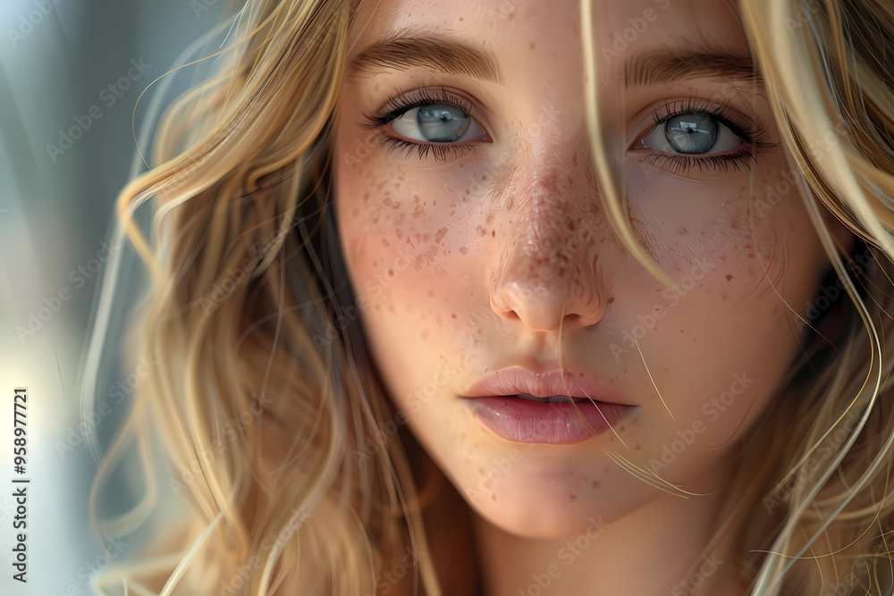 Fototapeta premium Close-up portrait of a young Caucasian woman with flowing blonde hair and striking blue eyes, showcasing natural beauty and soft freckles.