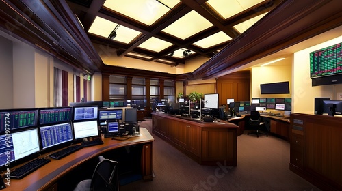 A modern stock trading room with multiple computer screens displaying stock market data. photo