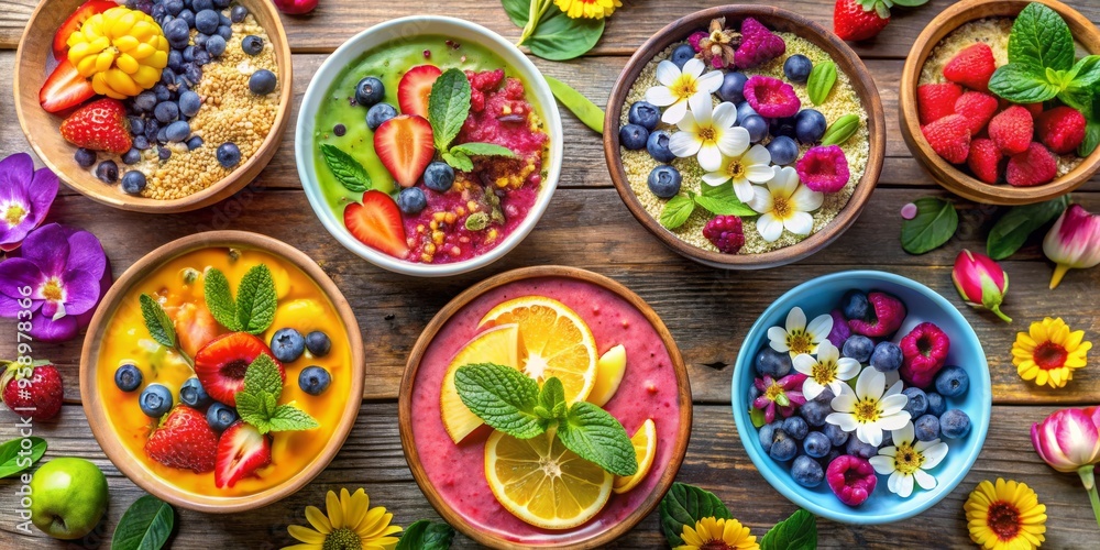 A Symphony of Summer Fruit Smoothies A Top View of Six Colorful Bowls with Fresh Fruit, Berries, and Flowers, Smoothies, Summer Treats , Healthy Eating A Symphony of Summer Fruit Smoothies A Top View of Six Colorful Bowls with Fresh Fruit, Berries, and Flowers, Smoothies, Summer Treats , Healthy Eating