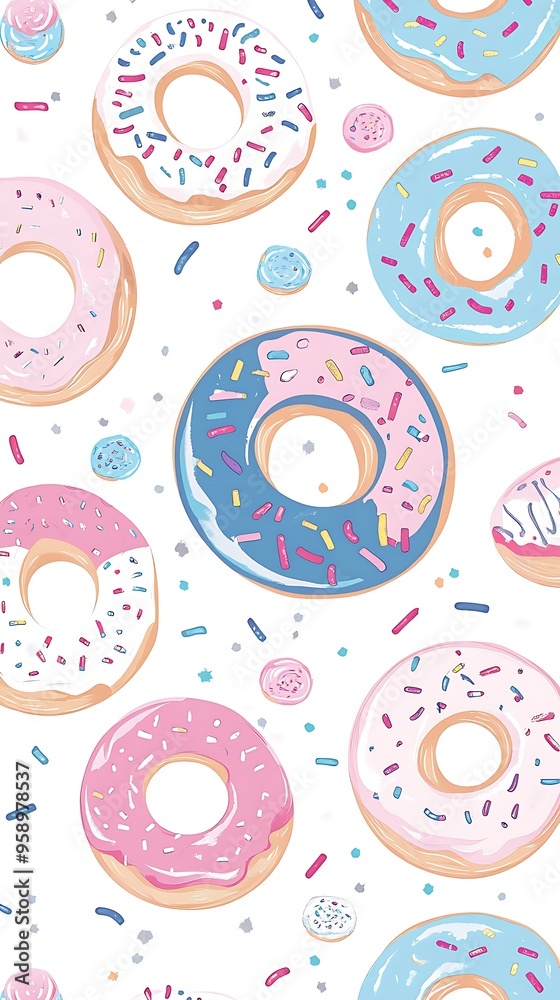 Sweet Pastel Donuts and Sprinkles Pattern in Kawaii Style on White Background Sweet Pastel Donuts and Sprinkles Pattern in Kawaii Style on White Background