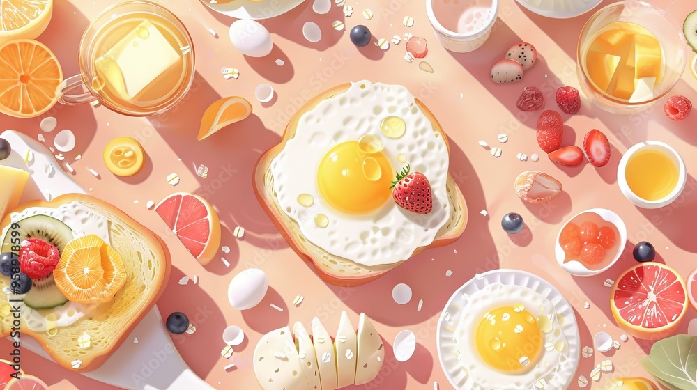 A breakfast spread with toast, fruit, eggs, and sunlight.  The image is a flat lay with a warm color palette.