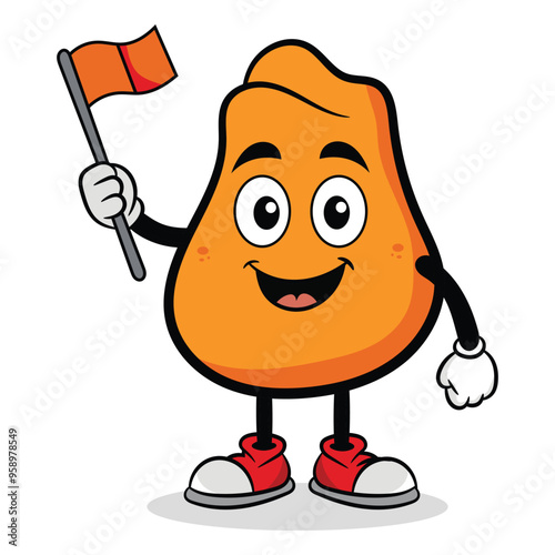 A Cartoon character of a potato chip holding a hand  flag design
