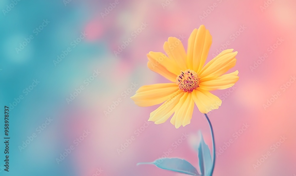 Fototapeta premium Single Yellow Flower on a Pastel Pink and Blue Background