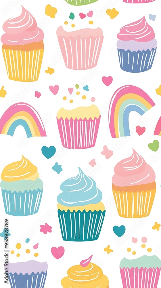 Sweet Pastel Rainbows and Cupcakes Pattern in Kawaii Style on White Background. Sweet Pastel Rainbows and Cupcakes Pattern in Kawaii Style on White Background.