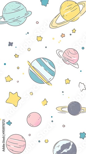 Kawaii Pastel Planets and Stars: Whimsical Pattern on White, Simple Design