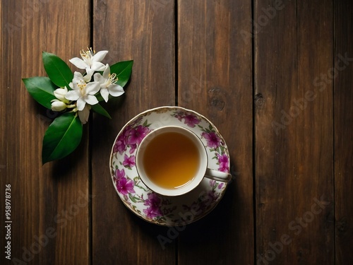 Teacup and jasmine blossoms on a wooden surface, with room for text.