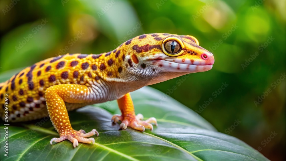 Fototapeta premium Vibrant leopard-like gecko with yellow and brown camouflage patterns perches on a leaf, its tiny feet grasping gently,