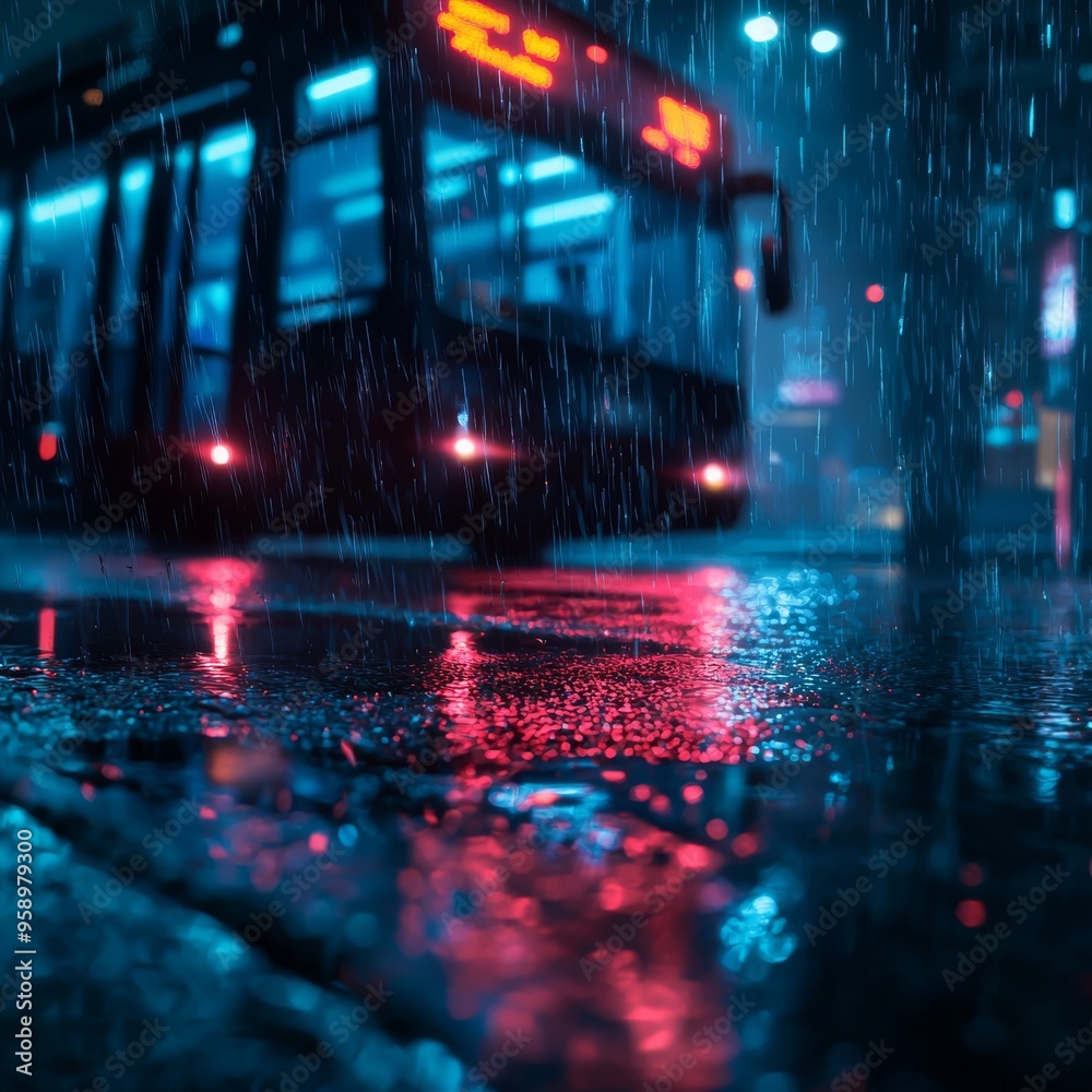Obraz premium A bus waits at a stop in the rain, illuminated by streetlights and its own headlights. The reflection of the lights creates a shimmering effect on the wet pavement.