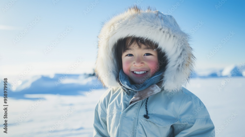 Attractive smiling eskimo kid with fur hood and warm clothes in winter scenery. Neural network ai generated art Attractive smiling eskimo kid with fur hood and warm clothes in winter scenery. Neural network ai generated art