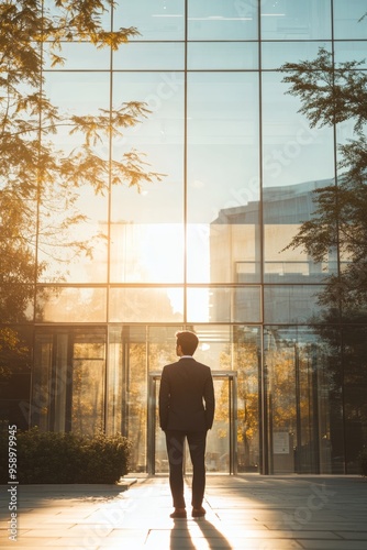 Confident Professional at Corporate Building Entrance Evoking Ambition and Professionalism photo