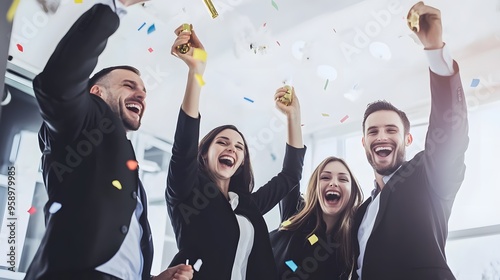 Four happy business people celebrate success with confetti and smiles. photo