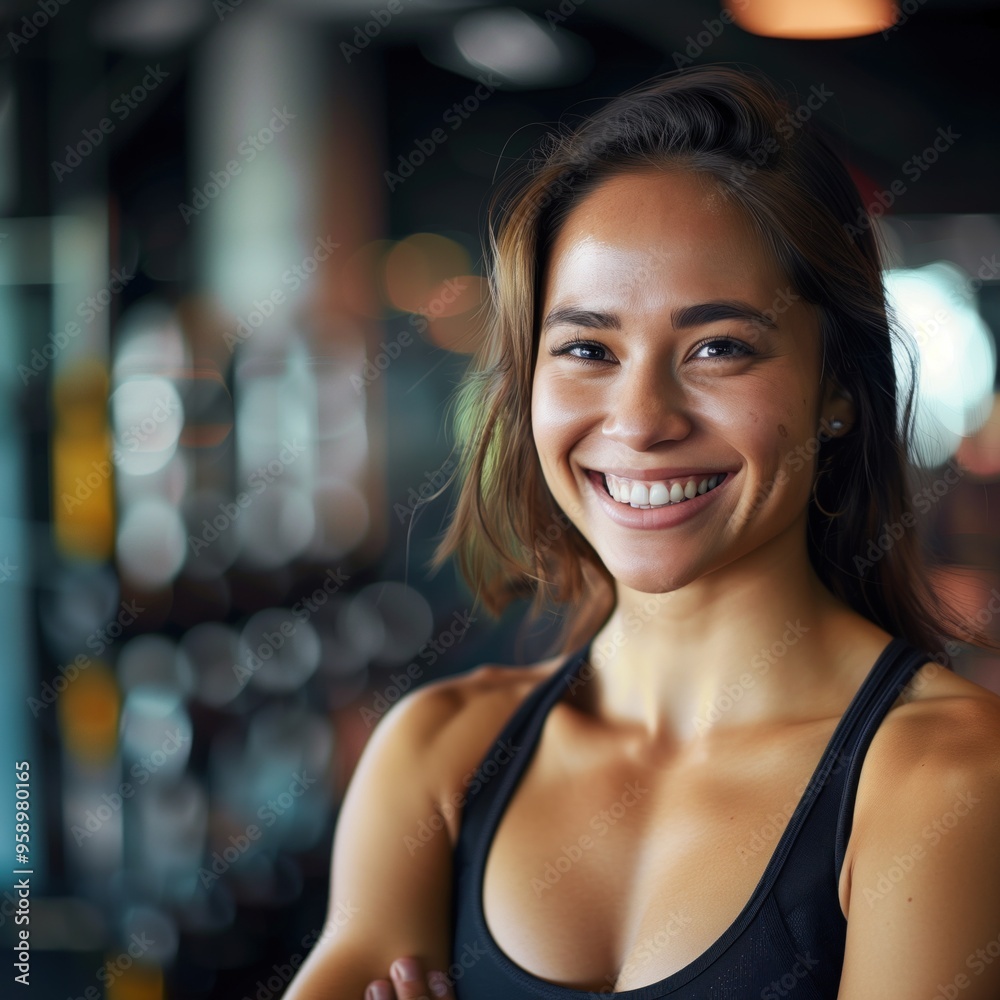 Confident Caucasian fitness trainer stands in a well-equipped gym, wearing a black tank top and radiant smile. Main subject is on the right with copyspace to the left, looking directly at camera. Confident Caucasian fitness trainer stands in a well-equipped gym, wearing a black tank top and radiant smile. Main subject is on the right with copyspace to the left, looking directly at camera.