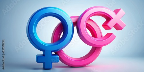 Vibrant pink and blue icons representing gender forms, intertwined and overlapping, convey unity and harmony in a