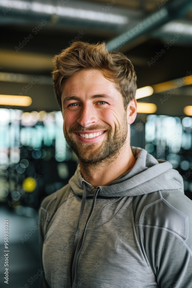 Confidently standing in well-equipped gym, bearded man dressed in gray hoodie exudes authority, expertise. With head slightly tilted to side, presents as fitness trainer, surrounded by exercise Confidently standing in well-equipped gym, bearded man dressed in gray hoodie exudes authority, expertise. With head slightly tilted to side, presents as fitness trainer, surrounded by exercise