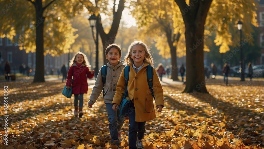 Fototapeta premium children walking in autumn park