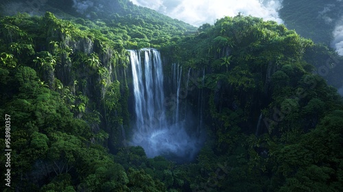 A cascading waterfall plunges down a lush green cliffside, surrounded by vibrant foliage.  The scene evokes a sense of tranquility and natural beauty.