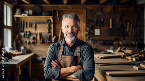 Middle aged carpenter in factory garage interior. Neural network ai generated art