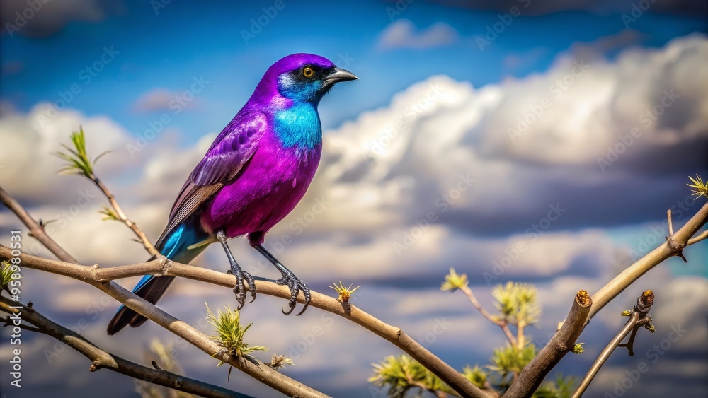 Vibrant Purple Bird Perched On A Leafless Tree Branch Against A Cloudy Sky Vibrant Purple Bird Perched On A Leafless Tree Branch Against A Cloudy Sky
