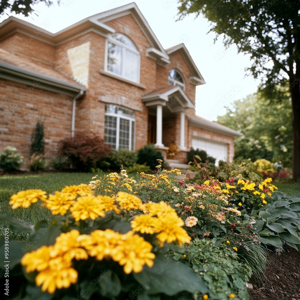 A charming brick house with a lush, colorful flower garden in the front yard. A charming brick house with a lush, colorful flower garden in the front yard.