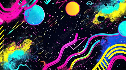 an 80s inspired poster background, featuring abstract illustrations and shapes, quirky neon artwork