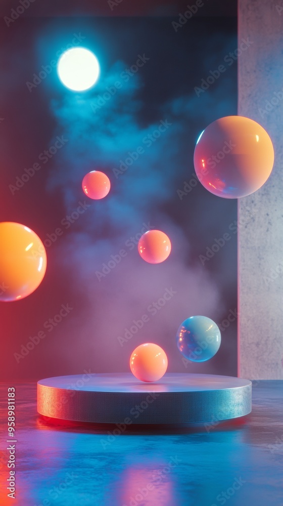 A series of colorful spheres are suspended in midair, creating a sense of motion A series of colorful spheres are suspended in midair, creating a sense of motion