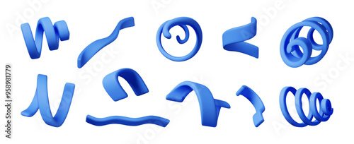 3d set of spiral confetti isolated. Render colorful serpentine collection. Different curly ribbon. Firecracker elements in various shapes. Party, holiday, surprise birthday. Vector illustration