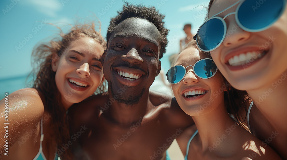 Fototapeta premium Joyful diverse friends taking a selfie on a sunny beach.