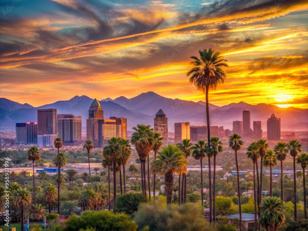 Fototapeta premium Vibrant sunset casts a warm glow on the modern Phoenix skyline, featuring sleek skyscrapers, majestic palm trees, and
