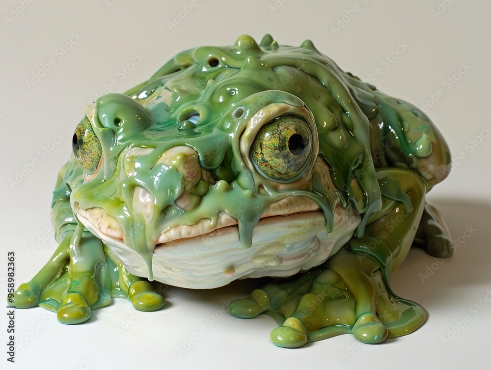 Obraz premium A green frog covered in a gooey, viscous substance, seemingly melting.