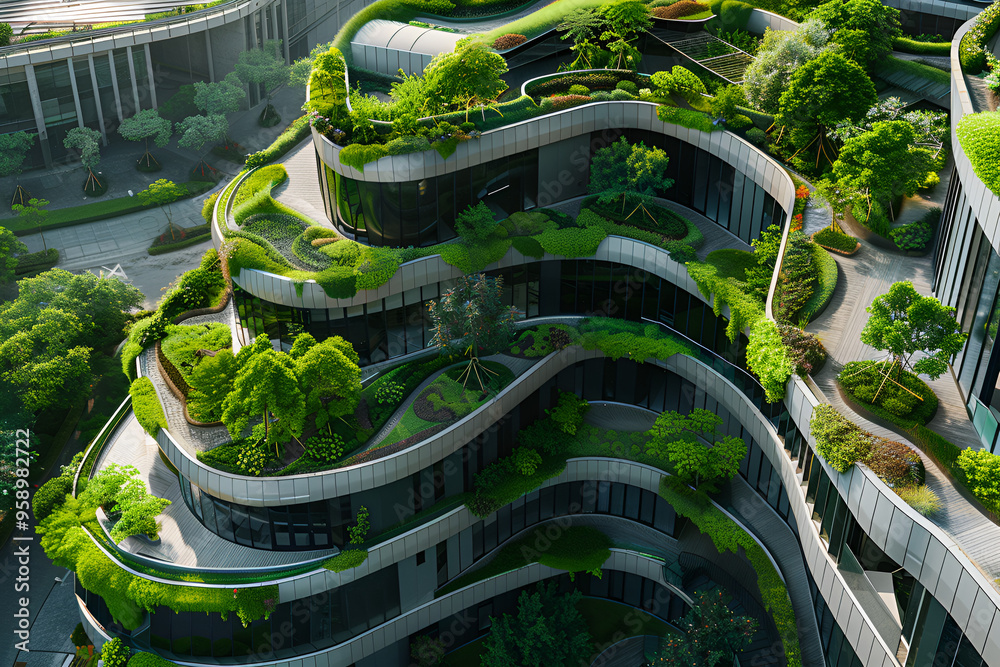 View of Eco-friendly office building with carbon-reducing trees, promoting ...