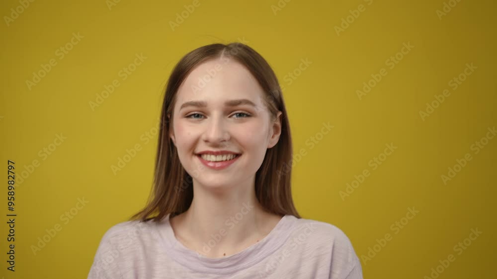 A joyful girl is playfully posing with a bright lemon on top of her head, set against a vivid yellow backdrop A joyful girl is playfully posing with a bright lemon on top of her head, set against a vivid yellow backdrop