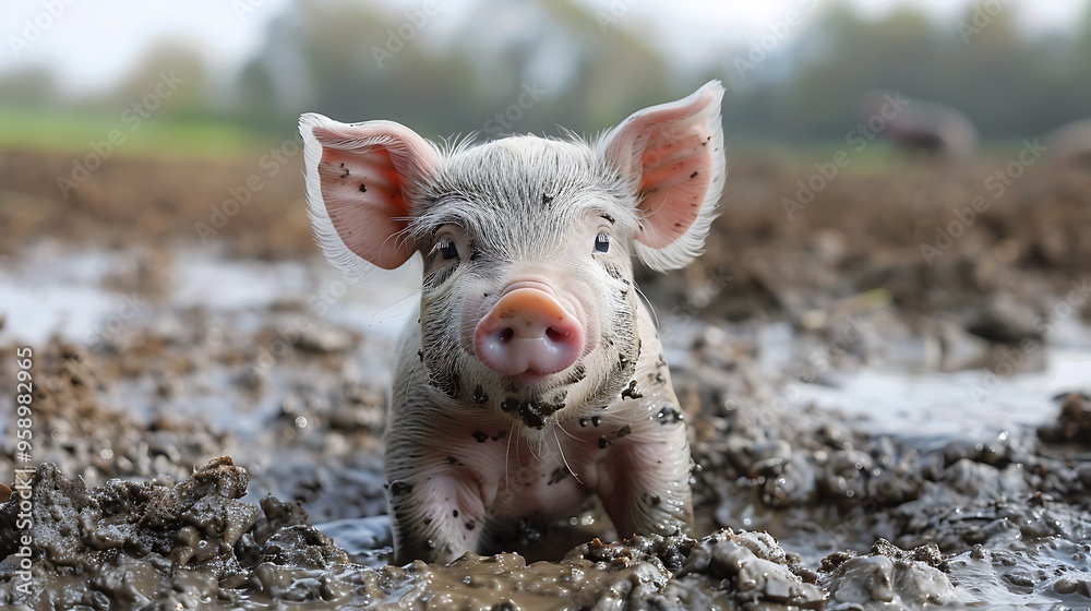 A small, pink piglet with muddy snout and ears, looking directly at the camera while playing in a muddy puddle. A small, pink piglet with muddy snout and ears, looking directly at the camera while playing in a muddy puddle.