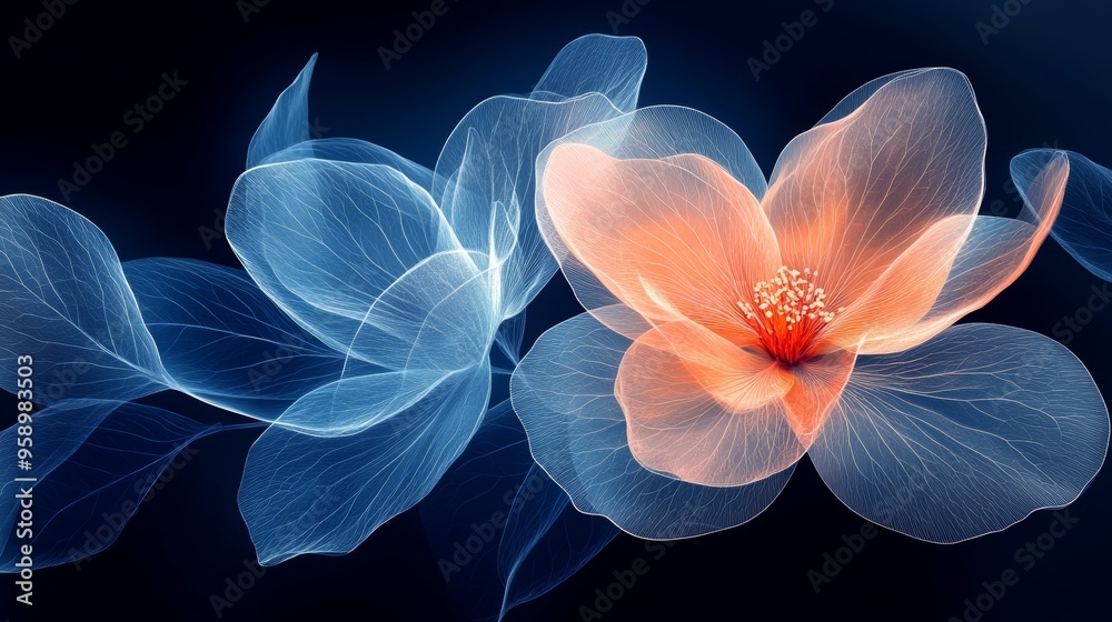 A digital illustration of translucent flowers in soft blue and orange hues, creating a serene and artistic ambiance. A digital illustration of translucent flowers in soft blue and orange hues, creating a serene and artistic ambiance.