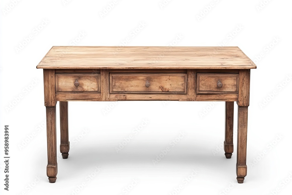 Rustic wooden table with a distressed finish, featuring three drawers for storage and sturdy legs, perfect for vintage decor. Rustic wooden table with a distressed finish, featuring three drawers for storage and sturdy legs, perfect for vintage decor.