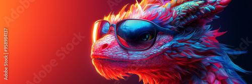 A colorful dragon with scales and feathery hair, wearing sunglasses, stares intensely. photo