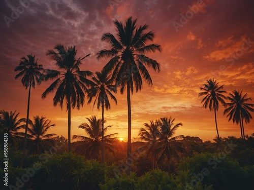 Warm view of palm trees at sunset with fiery sky colors.