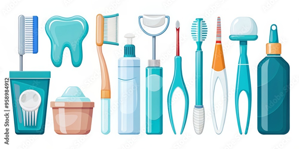 Fototapeta premium Cartoon Toothbrush, Toothpaste, and Dental Floss Set, Cartoon, Illustration, Dental care, Hygiene