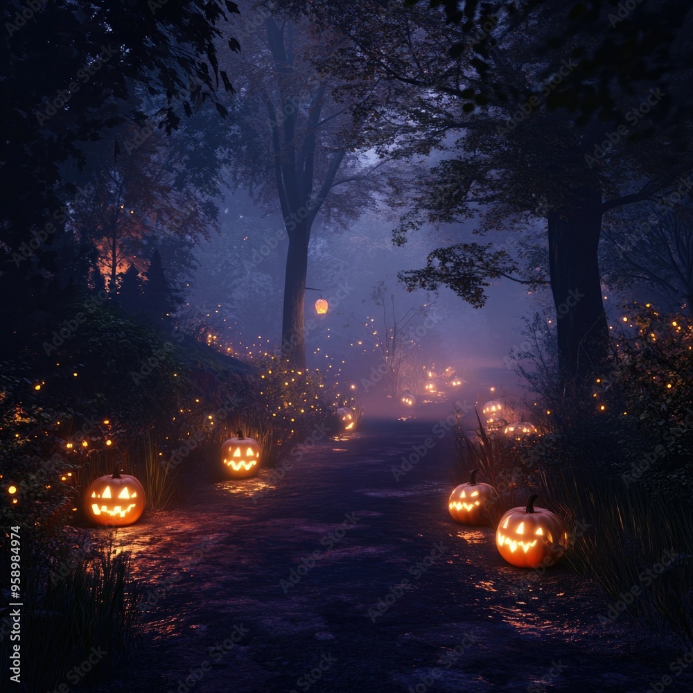 Enchanted Forest Trail at Night with Glowing Pumpkins and Ghostly Figures Amidst the Fog Enchanted Forest Trail at Night with Glowing Pumpkins and Ghostly Figures Amidst the Fog