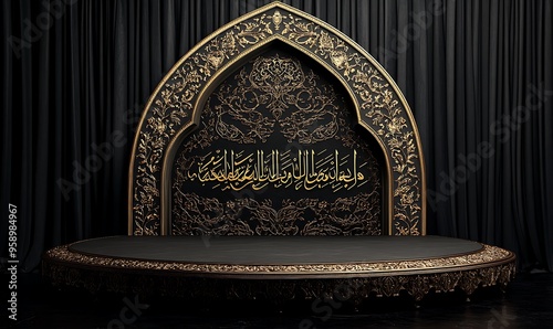 Ornate Golden Archway with Arabic Calligraphy and a Black Stage photo