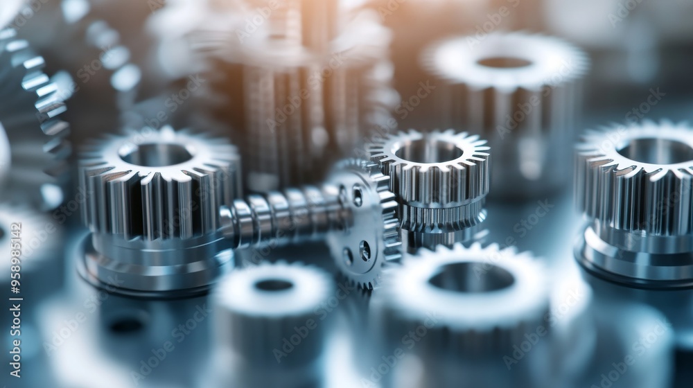 A close-up shot of various metal gears arranged in a scattered pattern, showcasing intricate details and highlighting the concept of machinery and engineering. A close-up shot of various metal gears arranged in a scattered pattern, showcasing intricate details and highlighting the concept of machinery and engineering.