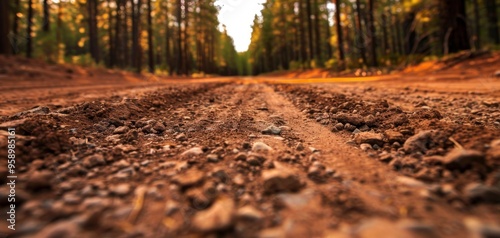 A close-up view of a dirt road in a forest, with tire tracks and fallen leaves.