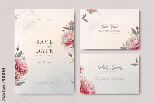 creamy wedding invitation card template with peonies flower watercolor