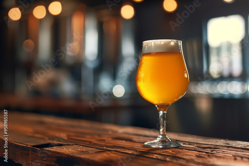 Glass of beer on a wooden table.