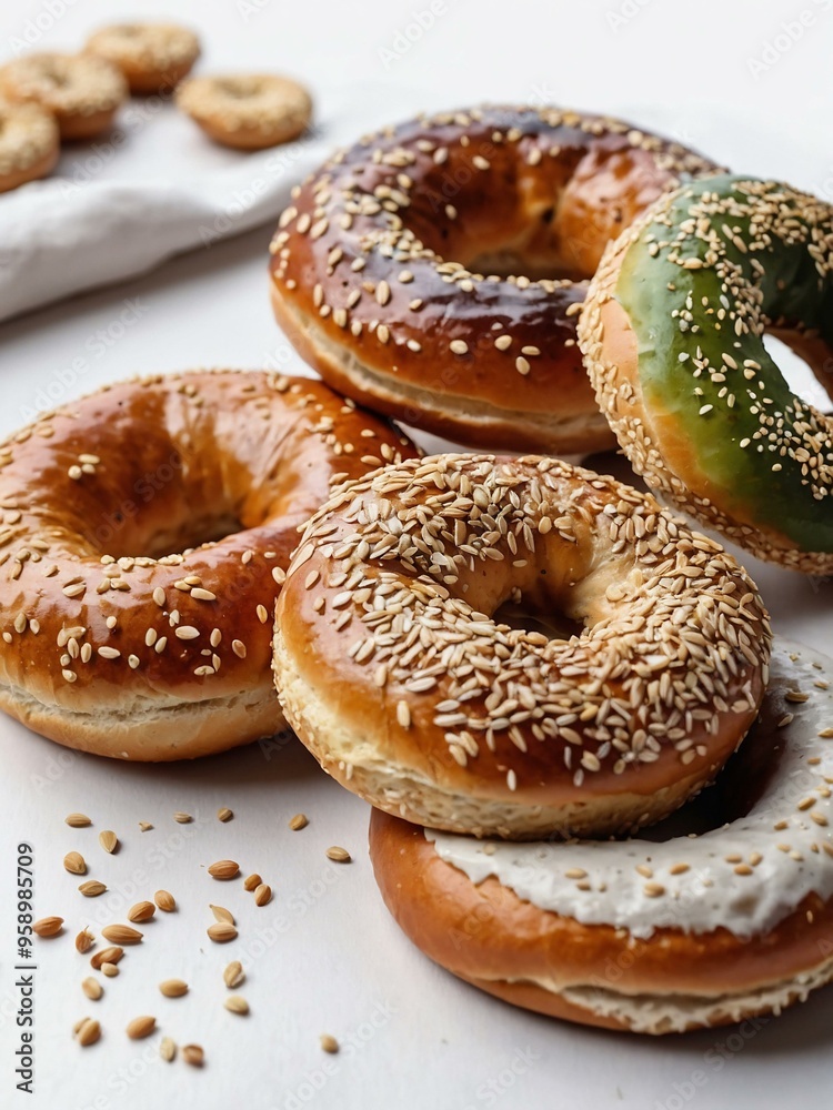 Watercolor bagels, plain and sesame seeds, isolated on white, ideal for bakery branding. Watercolor bagels, plain and sesame seeds, isolated on white, ideal for bakery branding.