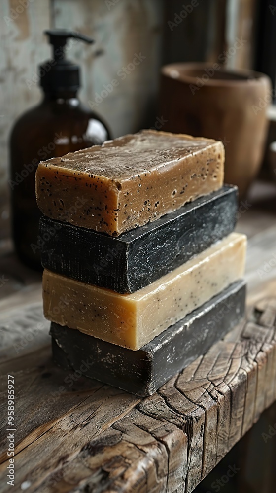 Stack of four handmade soaps in different colors and scents on a rustic wooden table. Stack of four handmade soaps in different colors and scents on a rustic wooden table.