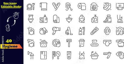 Hygiene Stroke Icon Collection. Featuring icons for cleaning, disinfection, soap, bathing, sweeping, showering, hand washing, and sanitation. These outline icons represent the concept of cleanliness a