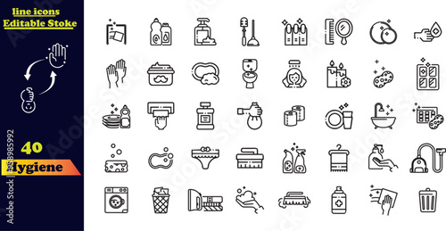 Hygiene Stroke Icon Collection. Featuring icons for cleaning, disinfection, soap, bathing, sweeping, showering, hand washing, and sanitation. These outline icons represent the concept of cleanliness a