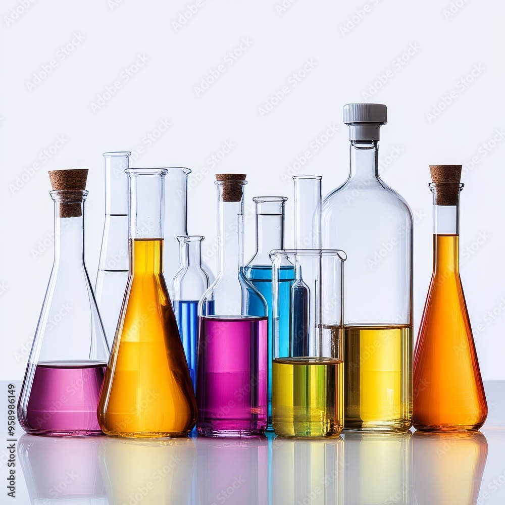 A collection of glass beakers and bottles filled with colorful liquids. The beakers are arranged in a row, with the bottles behind them. The background is a light blue. A collection of glass beakers and bottles filled with colorful liquids. The beakers are arranged in a row, with the bottles behind them. The background is a light blue.