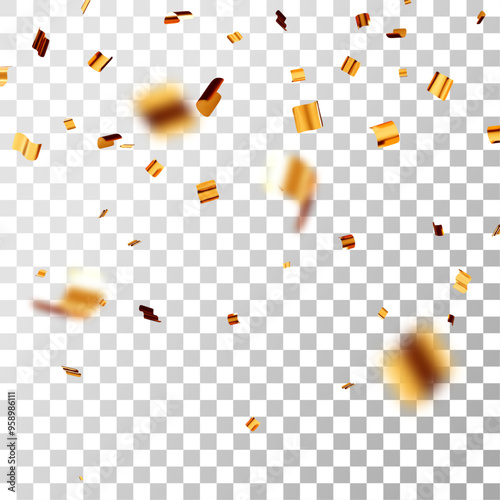 3D party gold confetti on transparent background. Render golden confetti in empty space. Metal firecracker elements in various shapes. Party, holiday, surprise or birthday events. Vector illustration
