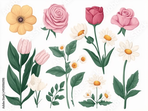 A collection of hand-drawn flowers including roses, daisies, and tulips, perfect for spring and summer designs.